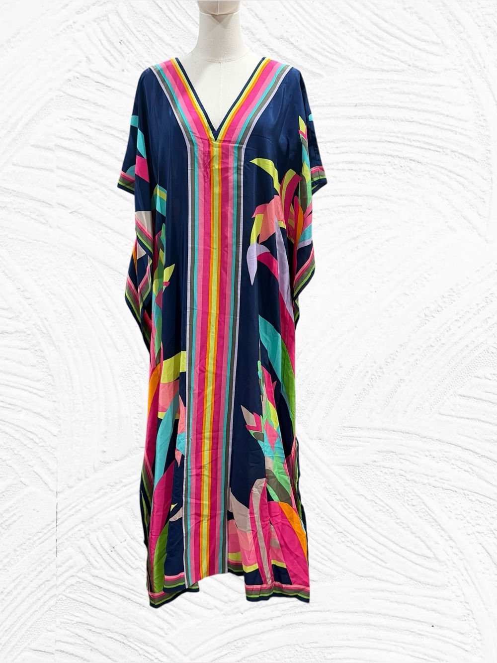 Trina Turk Theodora Kaftan Silk Maxi Dress Resort Poolside Blue Pink Abstract XL